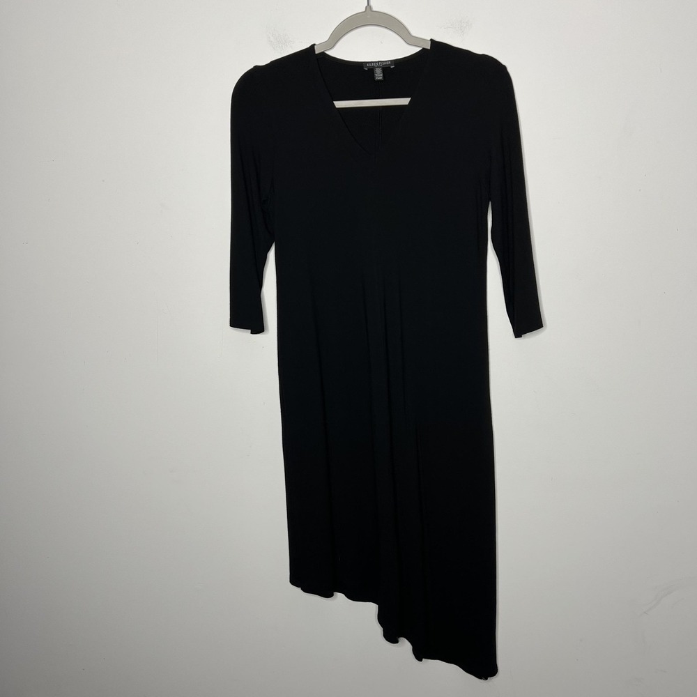 Eileen Fisher Dress Womens PS Black‎ 3/4 Sleeve Asymmetric Hem Jersey Knit